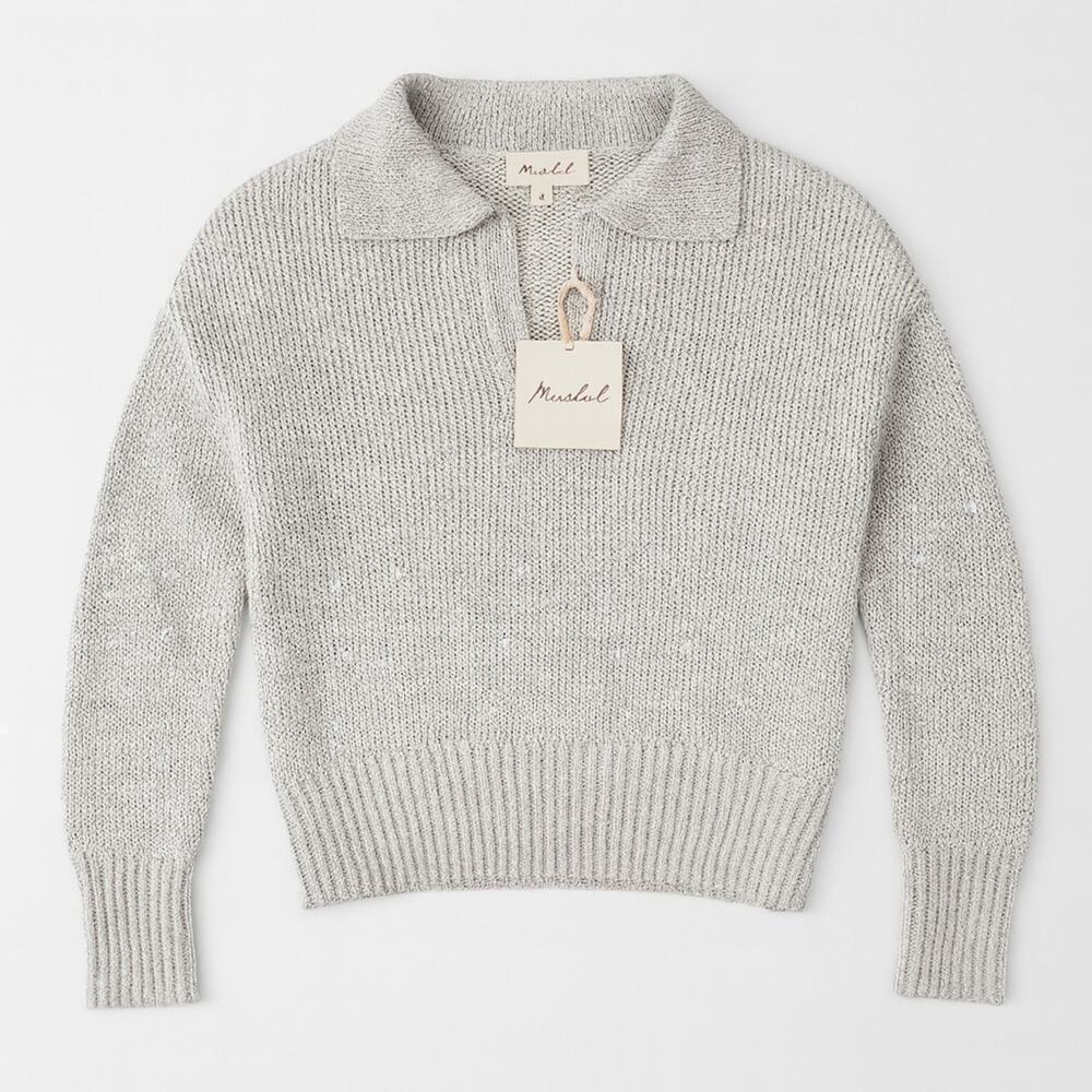 Marled Womens Light Gray Metallic Sweater Size L Shimmery Knit Collared Pullover - Picture 2 of 12